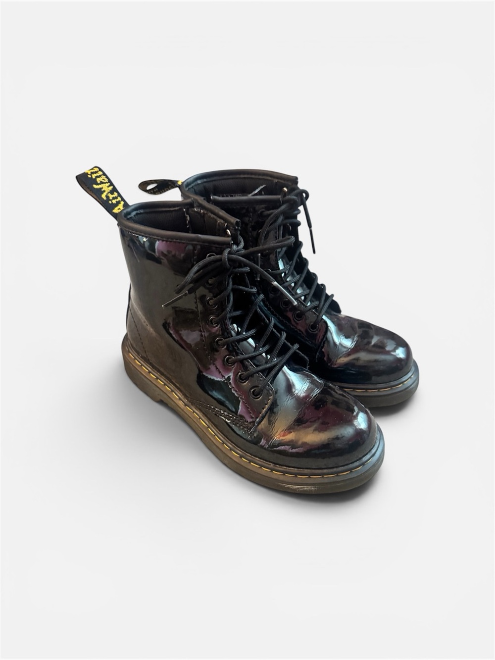 Dr. Martens Black Patent Combat Boots with Yellow Heel Loop, Zip Up, Size 3